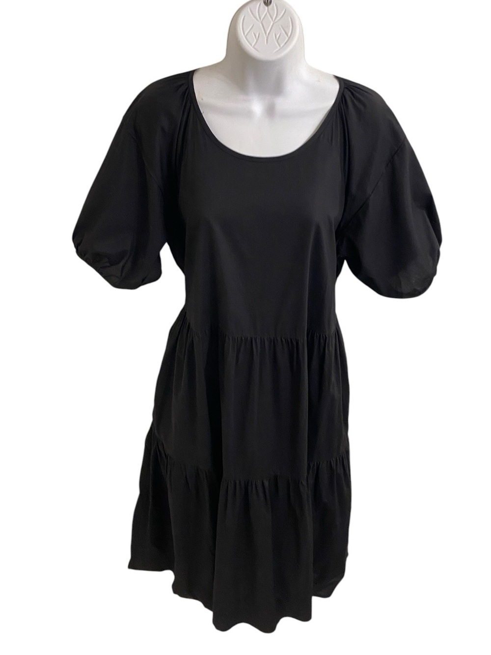 EVERLANE Black Puff-Sleeve Tiered Midi Dress Size 6 Crisp Airy Cotton Breezy - Picture 7 of 12